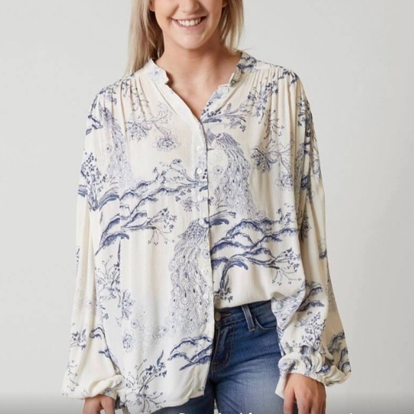Free People Tops - Free People Metallic Blooms Tree/Peacock blouse